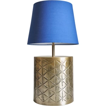 Image of Gold Patterend Table Lamp Base with Fabric Lampshade - Navy Blue