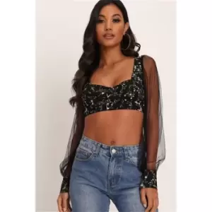 Image of I Saw It First Black Floral Print Milk Maid Crop Top - Black