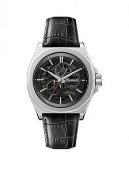 Image of Ingersoll Ingersoll Black And Silver Detail Skeleton Automatic Dial Black Leather Strap Watch