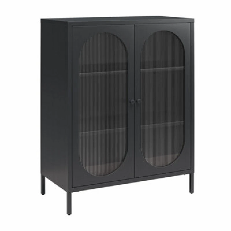 Image of Dorel Luna Metal Cabinet With 2 Fluted Glass Doors Black