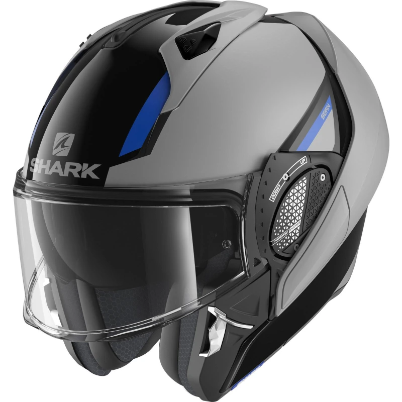 Image of Shark Evo-GT Sean Flip Front Motorcycle Helmet XS Dual Black Silver Blue (KSB) Dual Black Silver Blue