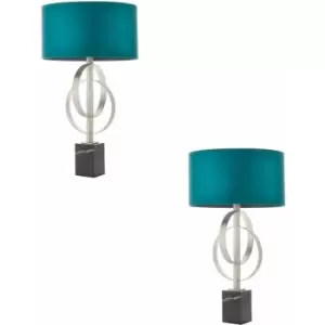Image of Loops - 2 pack Antique Silver Table Lamp & Teal Satin Shade Black Marble Base Desk Light