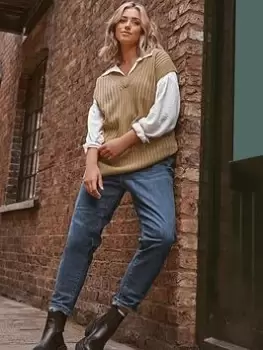 Image of Yours V Neck Side Split Vest Oatmeal, Natural, Size 18-20, Women