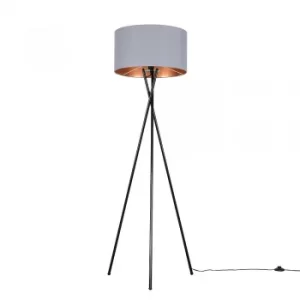 Image of Camden Black Tripod Floor Lamp with XL Grey and Copper Reni Shade