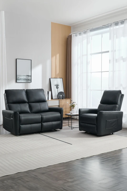 Image of More4Homes Madrid 1+2 Seater Manual Air Leather Recliner Sofa Set Black