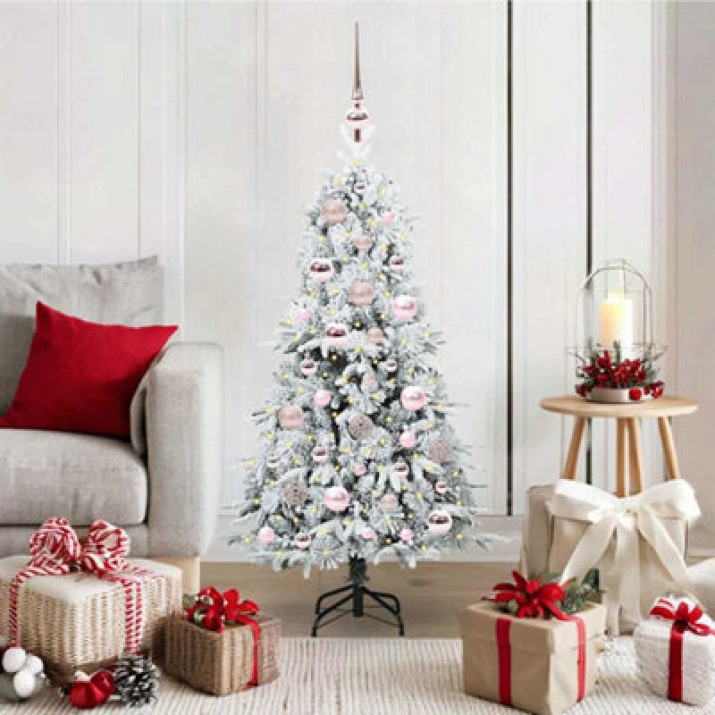 Image of vidaXL Artificial Hinged Christmas Tree with Pink Balls Snow Flocked Green 120cm PE and PVC, Green 3397460