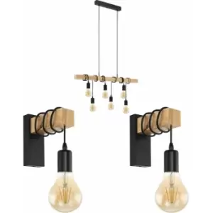 Image of Multi Bulb Ceiling Pendant Light & 2x Matching Wall Lights Black & Wood Trendy