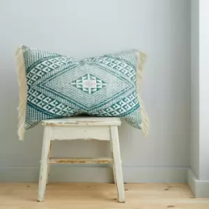 Image of Pineapple Elephant Kebra Aztec Fringed 100% Cotton Filled Cushion, Teal, 40 x 60 Cm