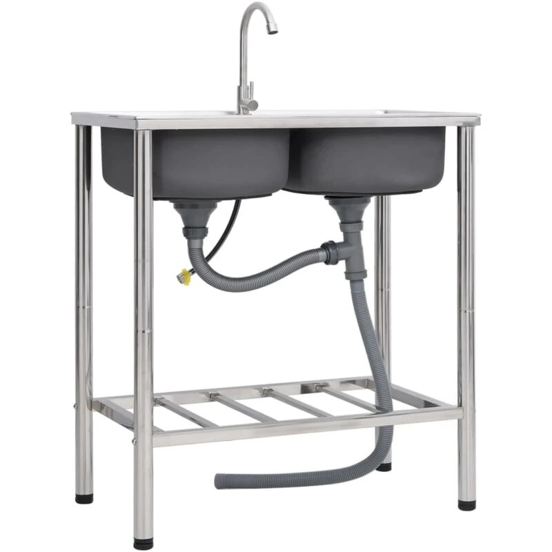 Image of VIDAXL Camping Sink Double Basins with Tap Stainless Steel Vidaxl 8720286647868