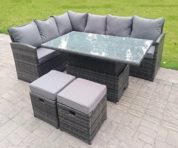 Image of Fimous 6 Seater Outdoor Dark Grey Rattan Lounge Complete Sofa Set with Adjustable Table and 2 Stools