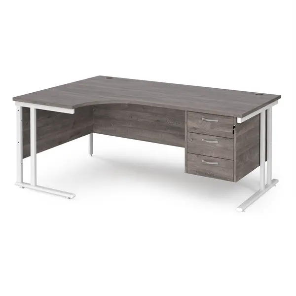 Image of Maestro 25 left hand ergonomic desk 1800mm wide with 3 drawer pedestal - white cantilever leg frame, grey oak top