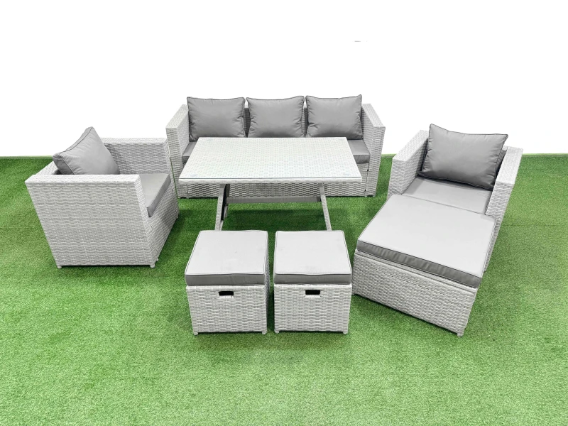 Image of Fimous 8 Pieces Outdoor PE Rattan Sofa Armchair Set with 3 Stools Light Grey Light Grey Unisex