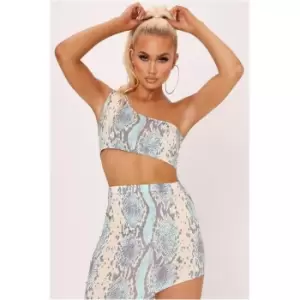 Image of I Saw It First Slinky Snake Print One Shoulder Bralet - Blue