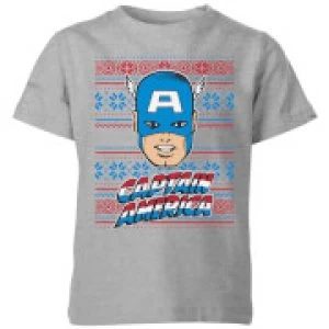 Image of Marvel Captain America Face Kids Christmas T-Shirt - Grey - 3-4 Years
