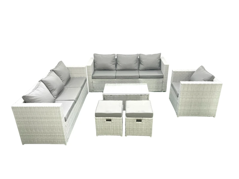 Image of Fimous Wicker PE Rattan Sofa Garden Furniture Set with Armchair Oblong Coffee Table 2 Small Footstools Light Grey Mixed Light Grey