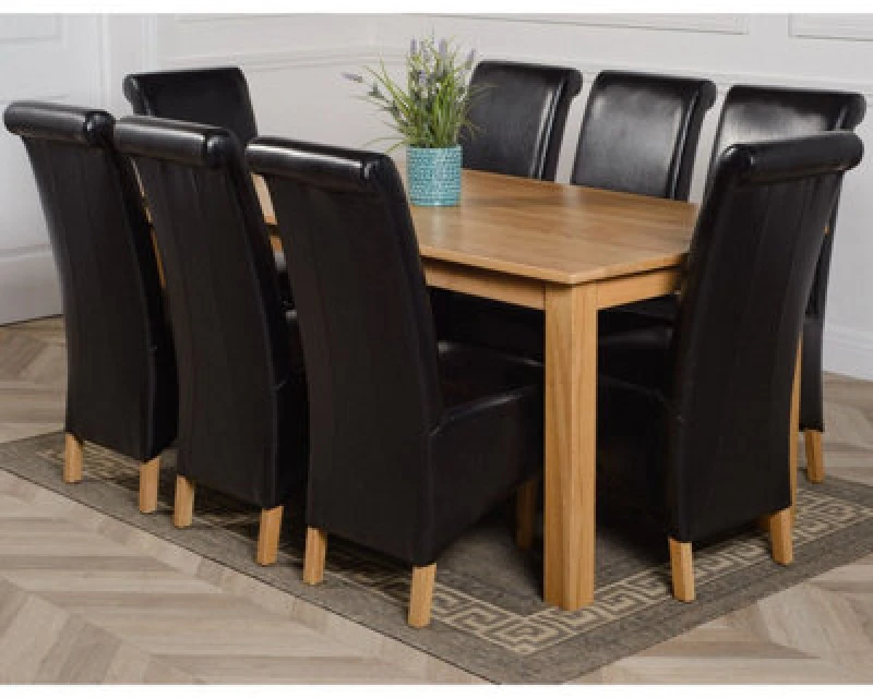 Image of Thats Furniture Oslo 180 x 90cm Large Oak Dining Table & 8 Montana Leather Chairs in Black Unisex 180 x 90 cm