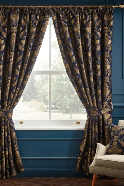 Image of Paoletti Shiraz Traditional Jacquard Pencil Pleat Curtains Navy