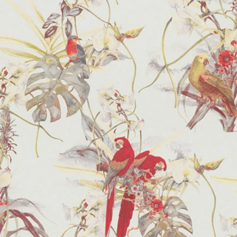 Image of As Creation A.s. Creation White & Red Botanical Parrots Wallpaper 38725-1