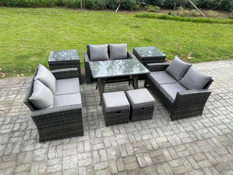 Image of Fimous Outdoor Lounge Sofa Set Wicker Pe Rattan Garden Furniture Set With Rectangular Dining Table For Garden