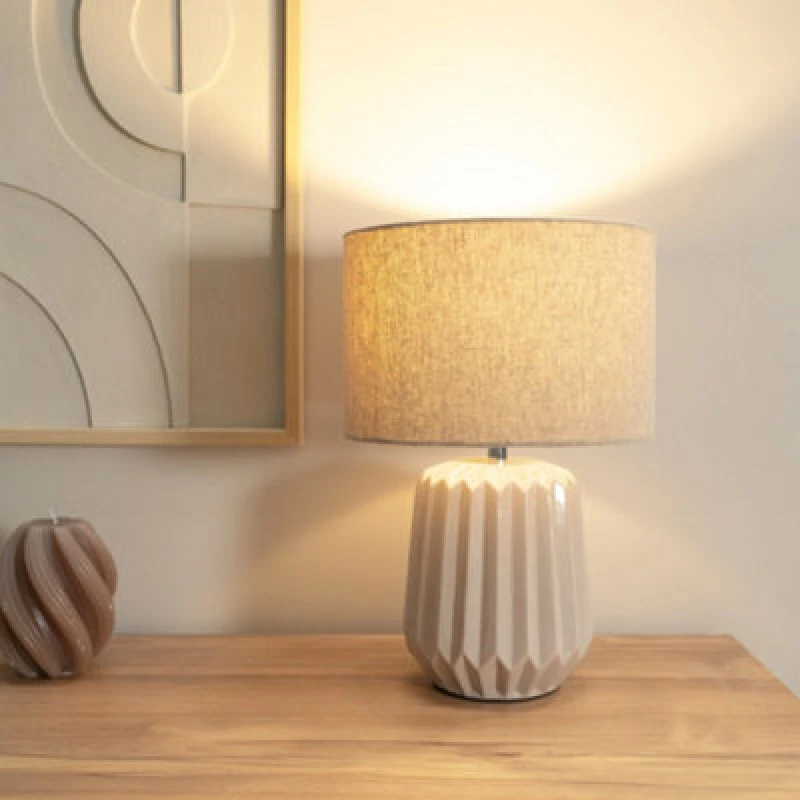 Image of ValueLights Zak Pleated Textured Ceramic Table Lamp with matching Fabric Lamp Shade Cream