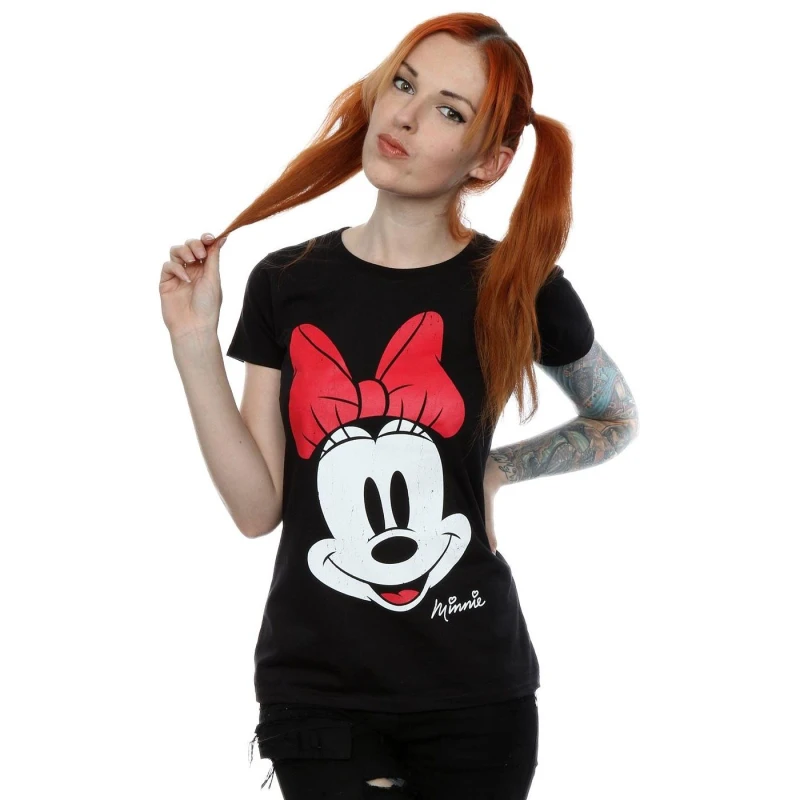 Image of Disney Minnie Mouse Distressed Face Cotton T-Shirt Black female