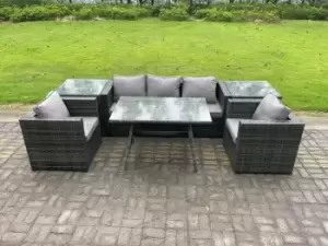 Image of Fimous 5 Seater Outdoor Dark Grey Rattan Lounge Complete Sofa Set with Oblong Dining Table