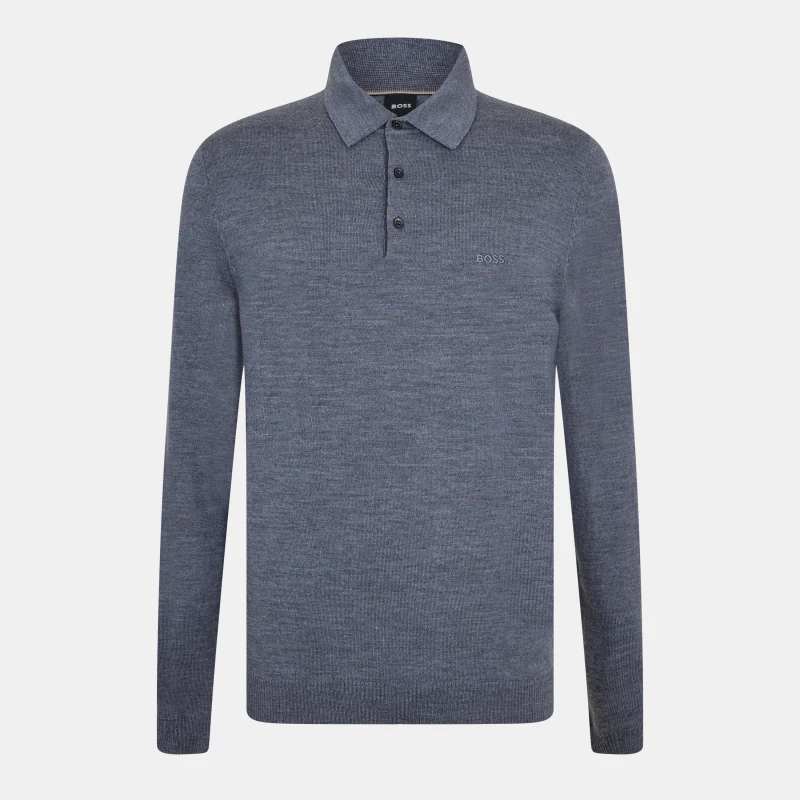 Image of Boss Mens Banet E Knitted Long Sleeve Polo Shirt Medium Grey male S
