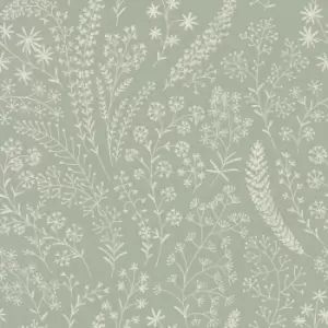 Image of Grandeco Sage Green Astrid Embroidery Stitch Foliage Trail Wallpaper