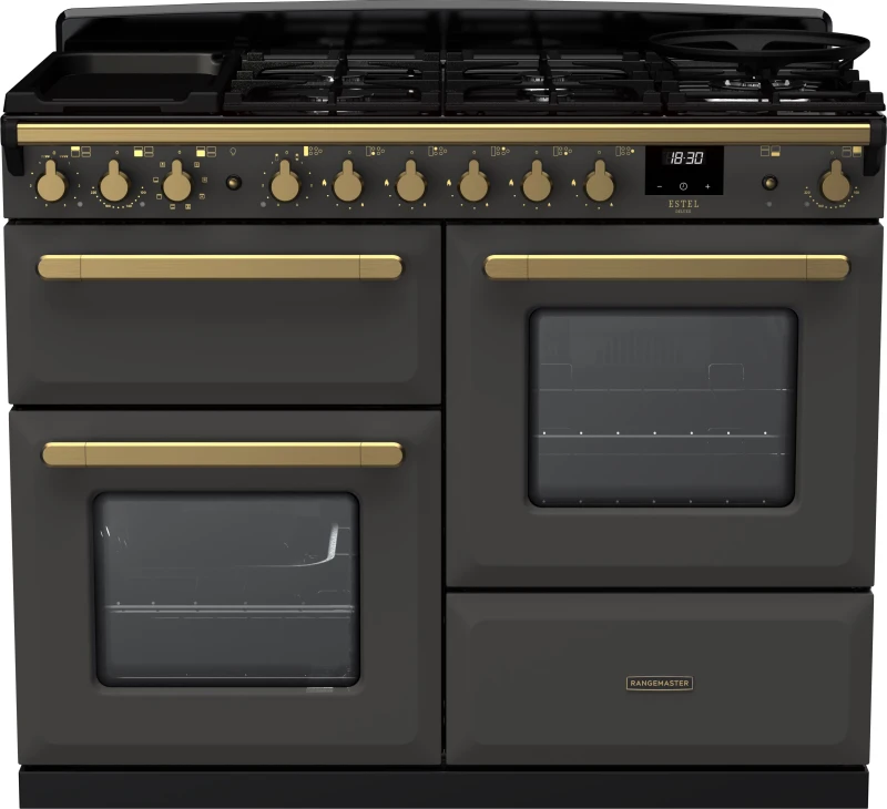 Image of Rangemaster Estel Deluxe ESDLO110DFPSLT/AB1 110cm Dual Fuel Range Cooker - Slate / Antique Brass - A/A Rated