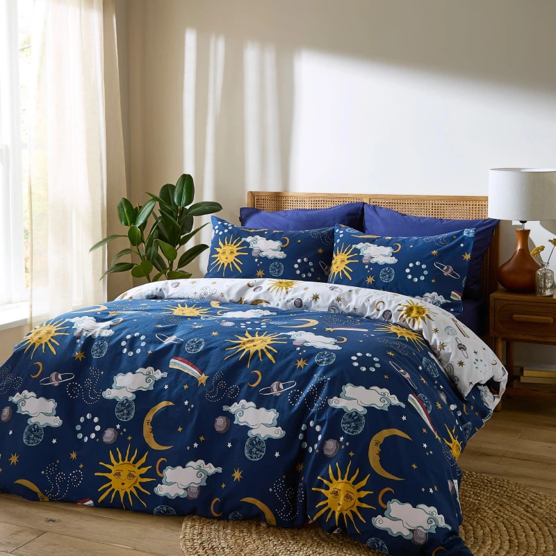 Image of Their Nibs Disco Space Cotton Reversible Duvet Cover Set Navy Blue unisex Double