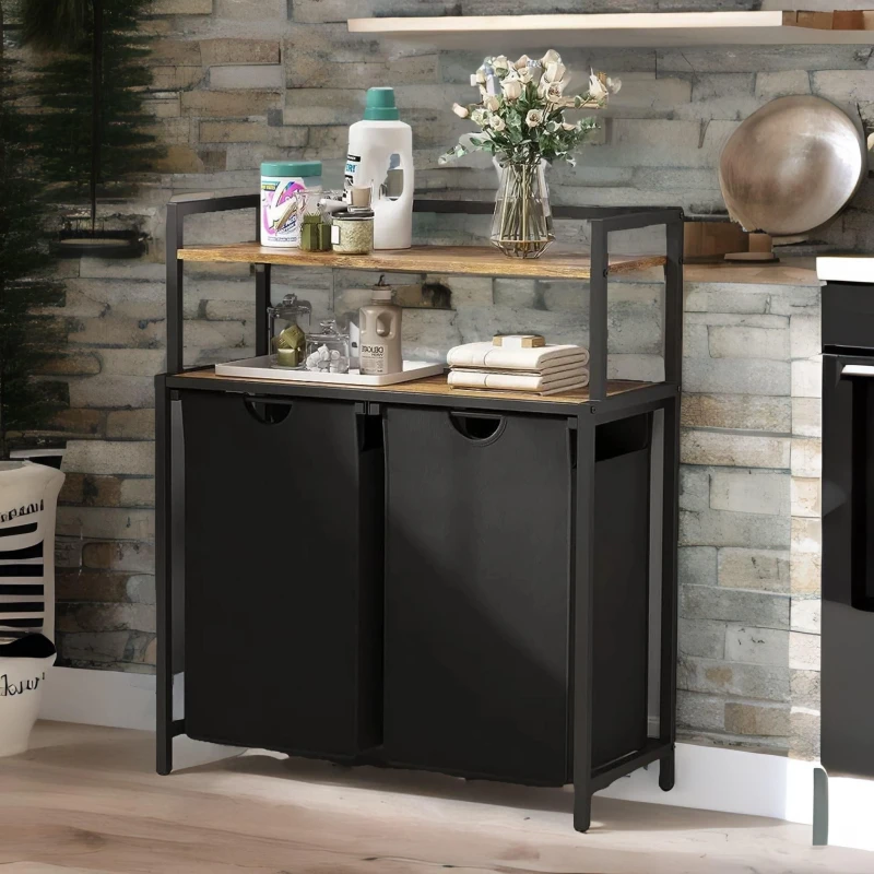 Image of Rafaelo Mobilia Industrial Double Laundry Basket With 2 Shelves in Dark Brown Dark Brown Unisex