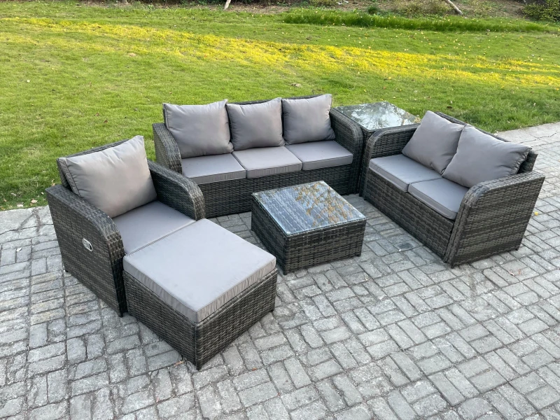 Image of Fimous Rattan Garden Furniture 6 Piece Patio Set With Table Sofa Square Coffee Table Reclining Chair Loveseat sofa Big Footstool Dark Grey