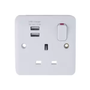 Image of Schneider Electric Lisse White Moulded - Switched Single Power Socket, 13A, Single Pole, with 2 USB Charging Ports, 2.1A shared, GGBL30102USBAS, White