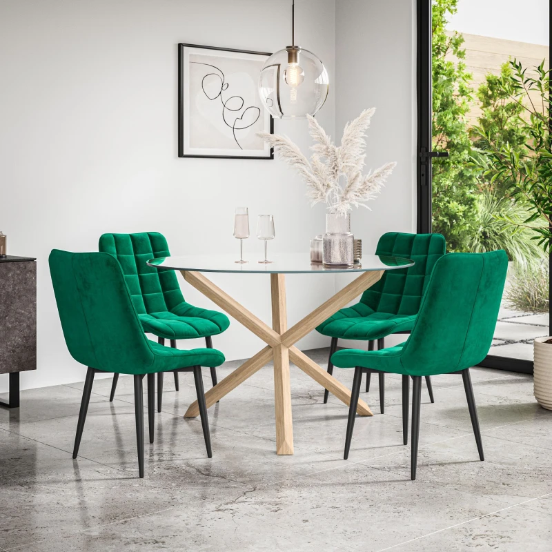 Image of More4Homes Malvern Round Dining Table And Chairs - Clear Glass Table Top W Solid Oak Legs + Nova Velvet Dining Chair Set Of 4 (Green)