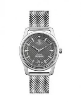 Image of Vivienne Westwood Vivienne Westwood Holborn Grey Pinstripe Design Silver Detail Date Dial Stainless Steel Mesh Strap Mens Watch, One Colour, Men
