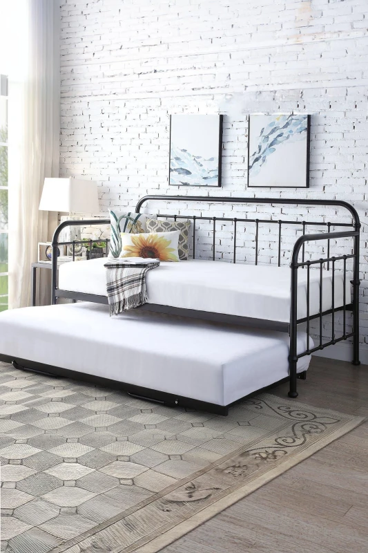Image of SlumberWorx Ickleford Industrial Living Room Bedroom Metal Day Bed Frame w Trundle Black