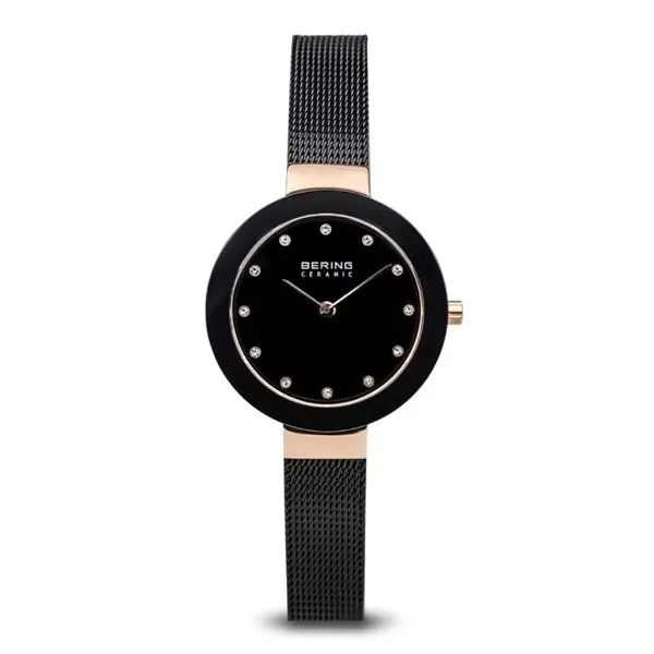 Image of Bering 11429-166 Rose Gold Plated Crystal Set Black Mesh Strap Watch - W7486