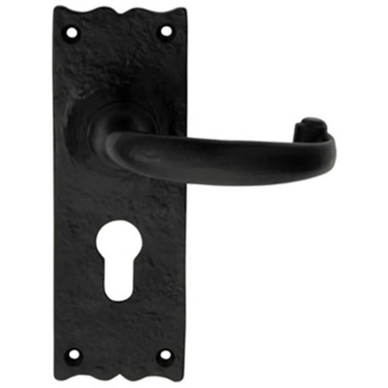 Image of Loops PAIR Forged Curved Lever Handle on Euro Lock Backplate 155 x 54mm Black Antique Black