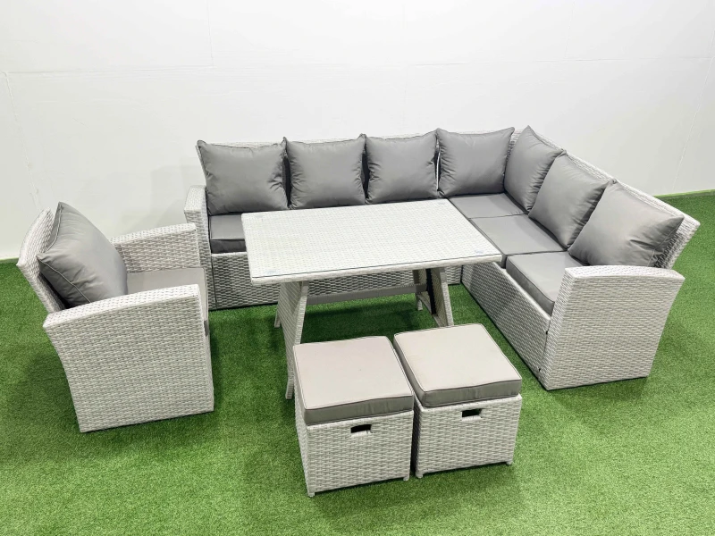 Image of Fimous 9 Seater Garden Outdoor Rattan Furniture Set Dining Table & Armchair in Light Grey Light Grey Unisex