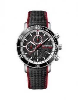 Image of Wenger Swiss Made Roadster Black Night Chronograph 45Mm Dial Black And Red Detail Leather Strap Mens Watch