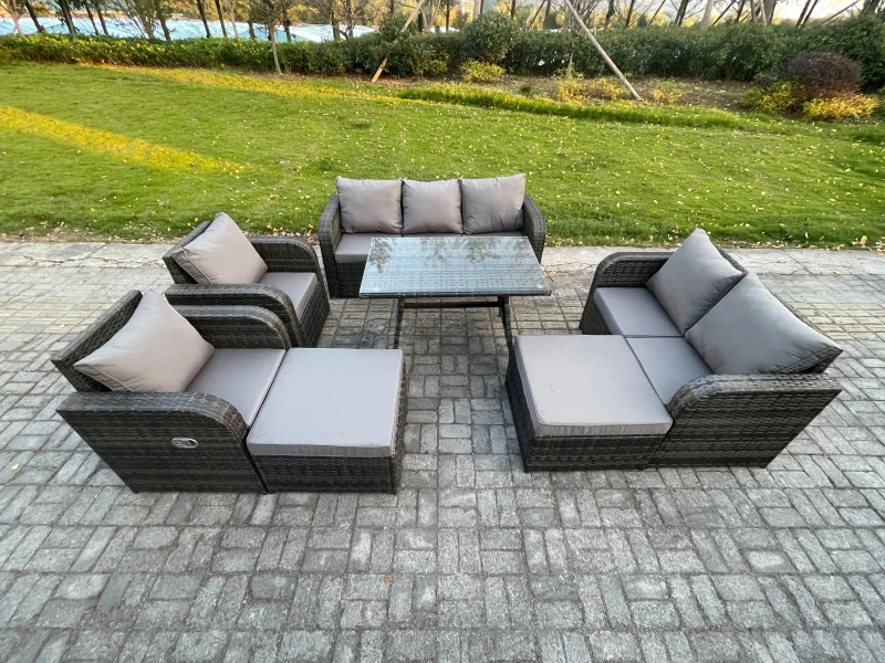 Image of Fimous Rattan Garden Furniture Dining Set 9 seater Patio Rectangular Table 2 Big Footstool Love Sofa Dark Grey Mixed Dark Grey