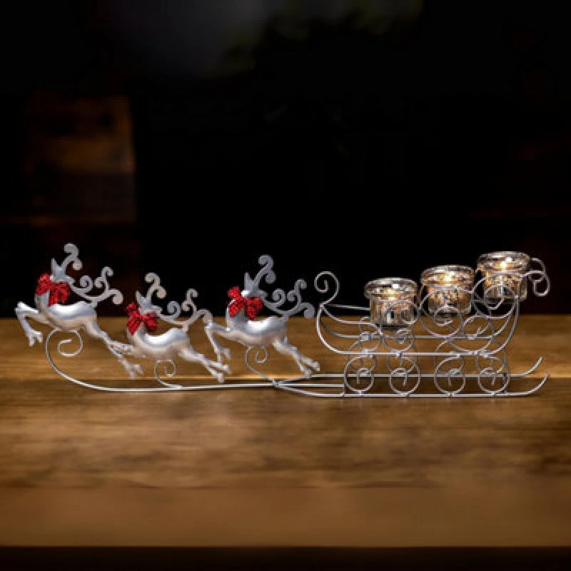 Image of Silver Reindeer & Sleigh Tealight Candle Holder