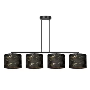 Image of Broddi Black Bar Pendant Ceiling Light with Black Fabric Shades, 4x E27