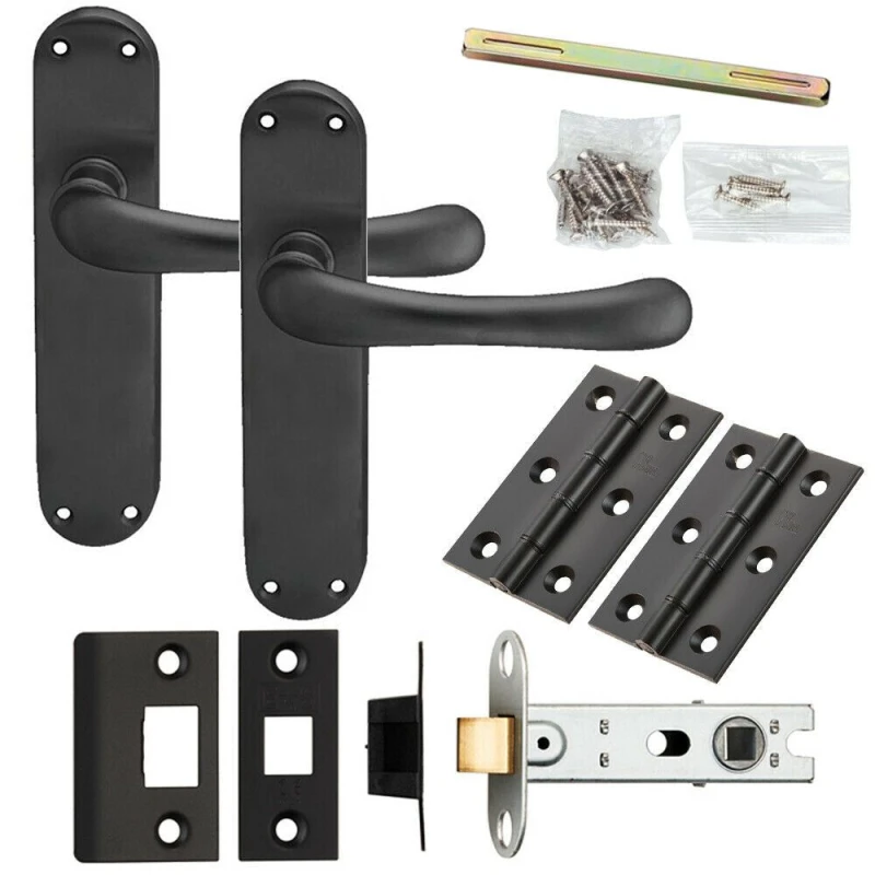 Image of Loops Door Handle & Latch Pack Matt Black Smooth Rounded Lever Slim Curved Backplate Black