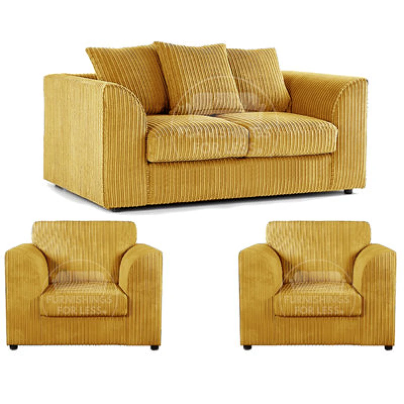 Image of Furnishings For Less UK Luxor Jumbo Cord 2 + 1 + 1 Fabric 3 Piece Sofa Suite - Scatter Back Mustard