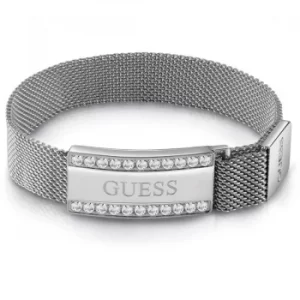 Image of GUESS rhodium plated flat mesh bracelet with Swarovski crystal-framed logo plaque.