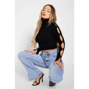 Image of I Saw It First Roll Neck Button Up Sleeve Knit Crop Top - Black