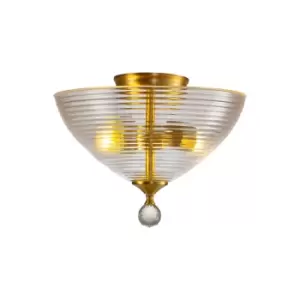 Image of Dresden 2 Light Semi Flush Ceiling Lamp E27 With Round 33.5cm Prismatic Effect Glass Shade Satin Gold, Clear