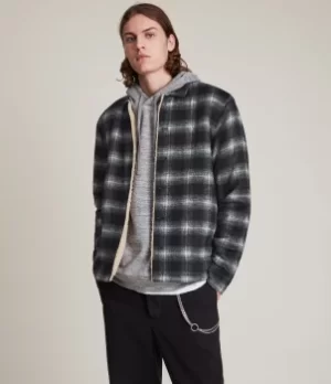 Image of AllSaints Mens Canoose Sherpa-Lined Check Jacket, Black, Size: L