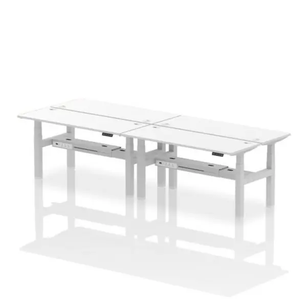Image of Air Air Back-to-Back 1600 x 600mm Height Adjustable 4 Person Bench Desk White Top with Cable Ports Silver Frame HASCP4P16600WHTS